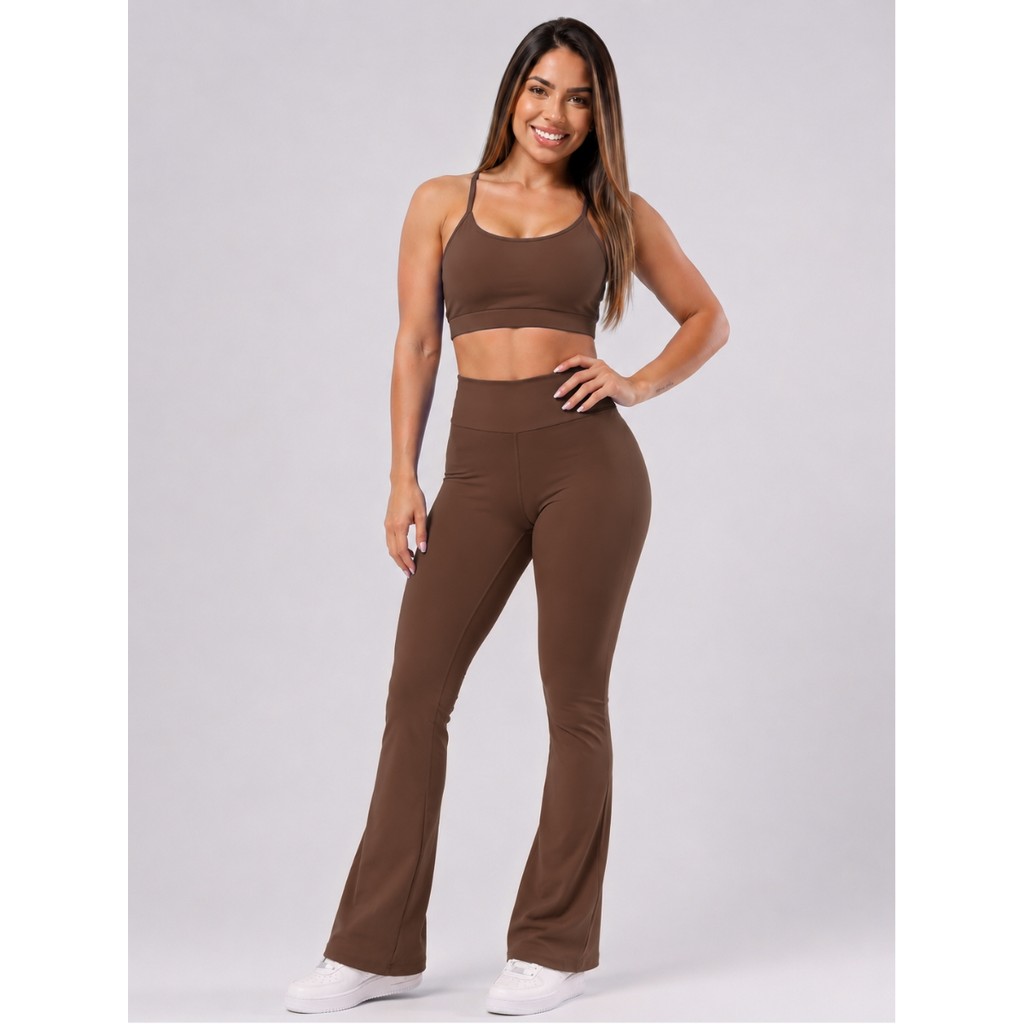 Conjunto Fitness Bailarina Academia + Top alcinha forrado Legging Flare Suplex Zero Transparência Feminina