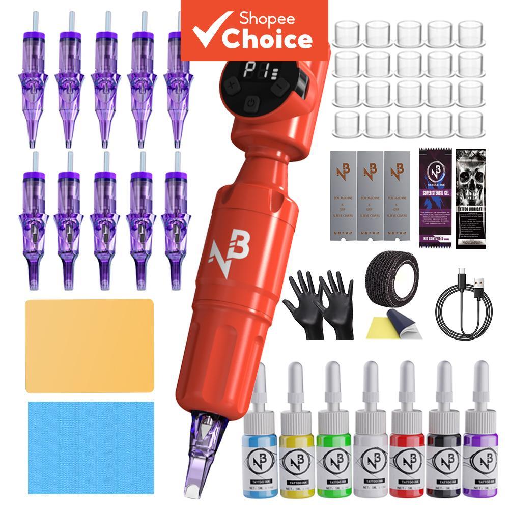 Caneta de tatuagem rotativa sem fio Kit completo com tintas de tatuagem em 7 cores, 10 agulhas cartucho, 2 peles de