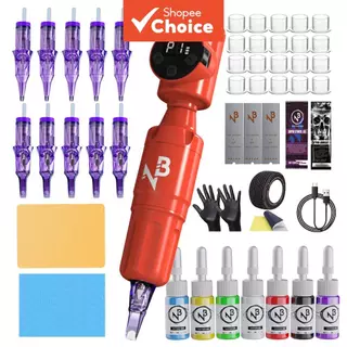 Caneta de tatuagem rotativa sem fio Kit completo com tintas de tatuagem em 7 cores, 10 agulhas cartu