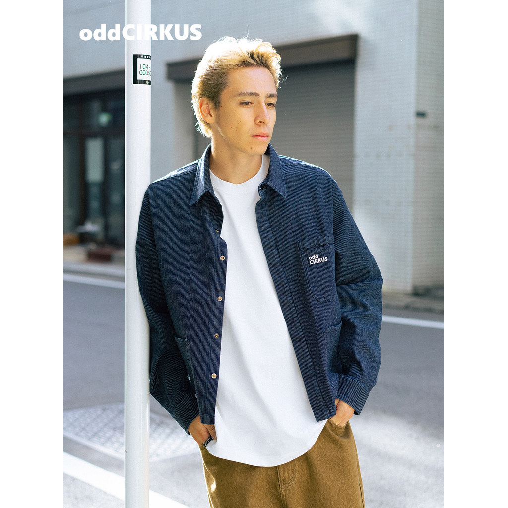 OddCIRKUS Jaqueta Jeans Azul Estilo Japonês Rua Padrão Vertical Jaqueta Curta Slim-fit Top Cardigan Homens Mulheres Mesm