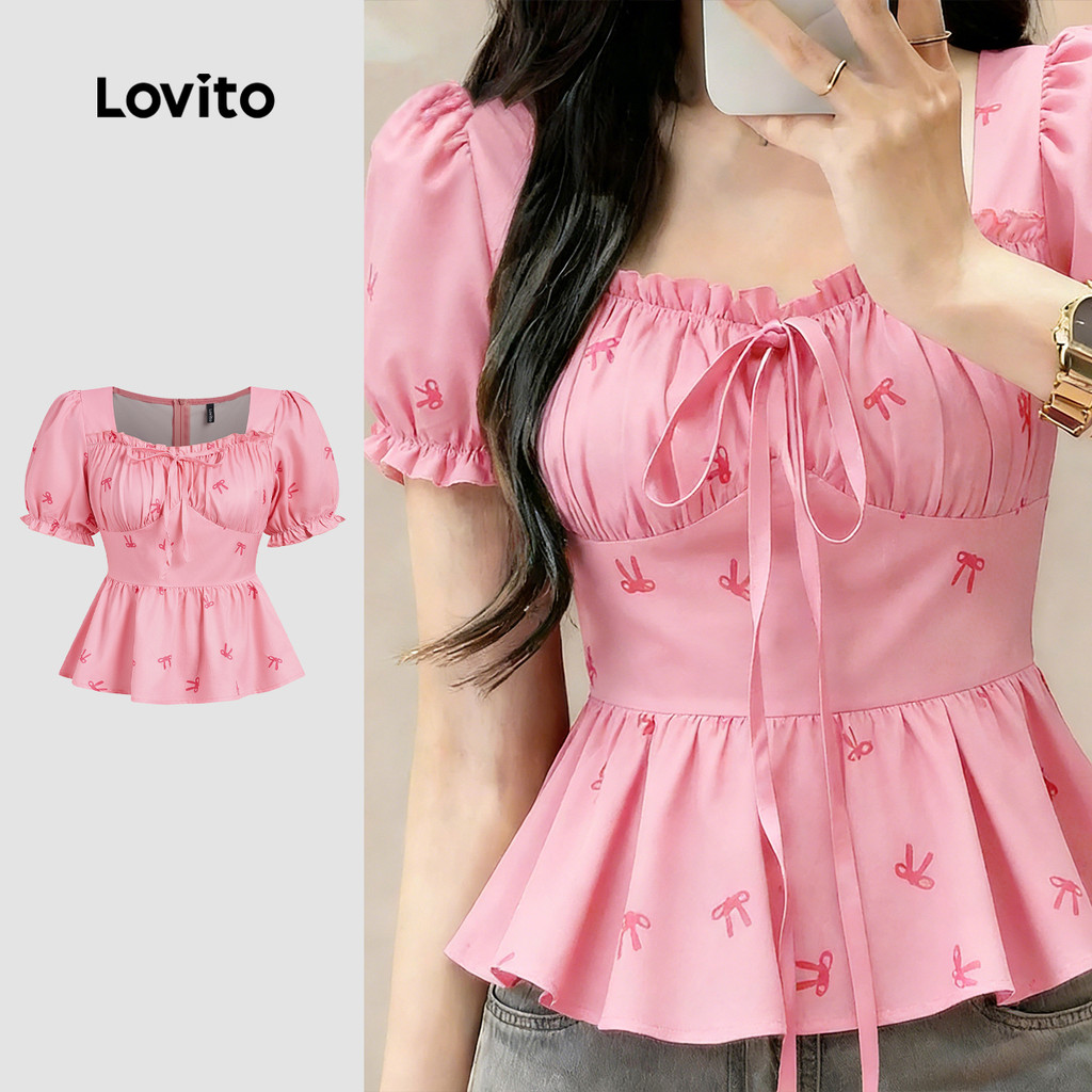 Lovito Casual Blusa Amarrada Primavera/verão Blusa Rosa para Mulheres L177ED202