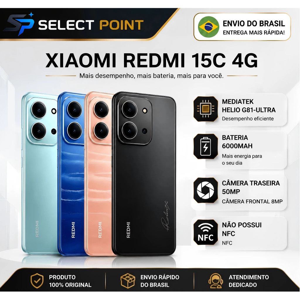 Original Xiaomi Redmi 15C 4G 8GB+256GB Helio G81-Ultra Tela 120Hz Câmera 50MP Ba