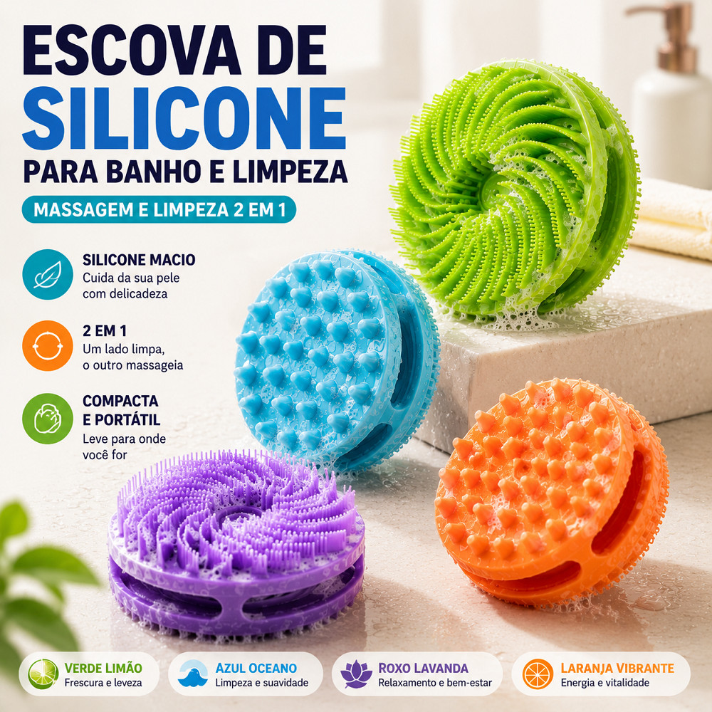 Escova de Silicone para Banho Corporal Dupla Face Esfoliante Massageadora para Corpo Pele Cabelo e Couro Cabeludo