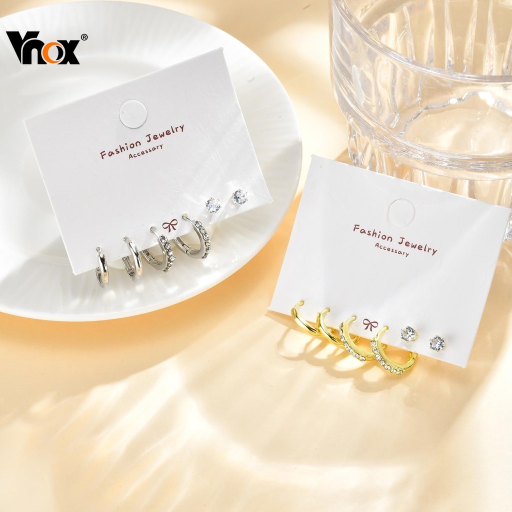 Vnox 3 Peças De Zircão Cúbico Ouro Prata Círculo Brinco Conjunto , Hipoalergênico Feminino Simples Moda Jóias Presente D