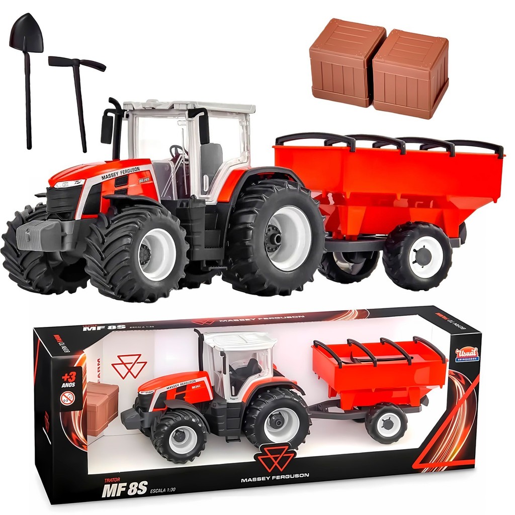 Trator Réplica Massey Ferguson Graneleiro Brinquedo Agrícola Colecionável Carreta E Caixas - Usual