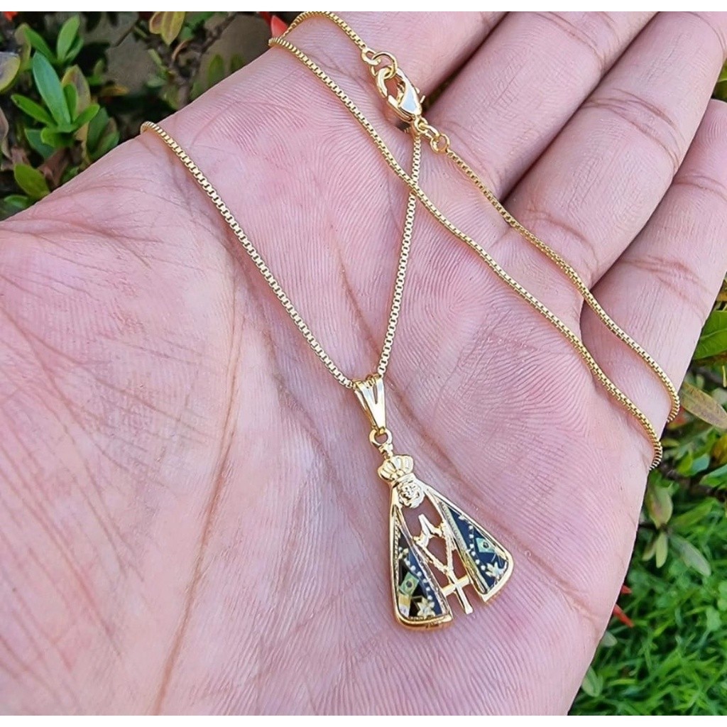 Colar Folheado a Ouro Pingente Nossa Senhora Aparecida, Colar Religioso Nossa Senhora Aparecida Manto