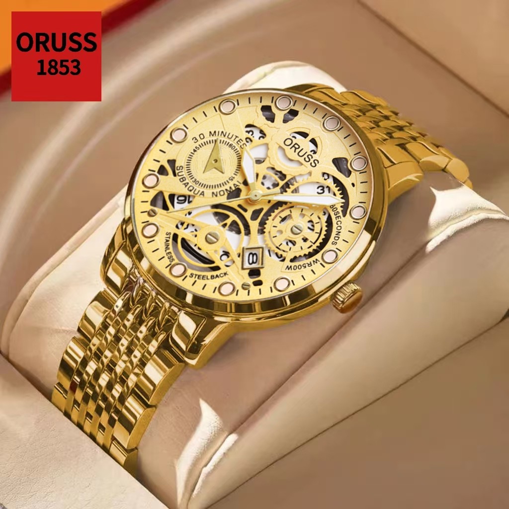 ORUSS masculino luminoso aço inoxidável calendário de luxo ouro à prova dwaterproof água relógio moda negócios LK GM