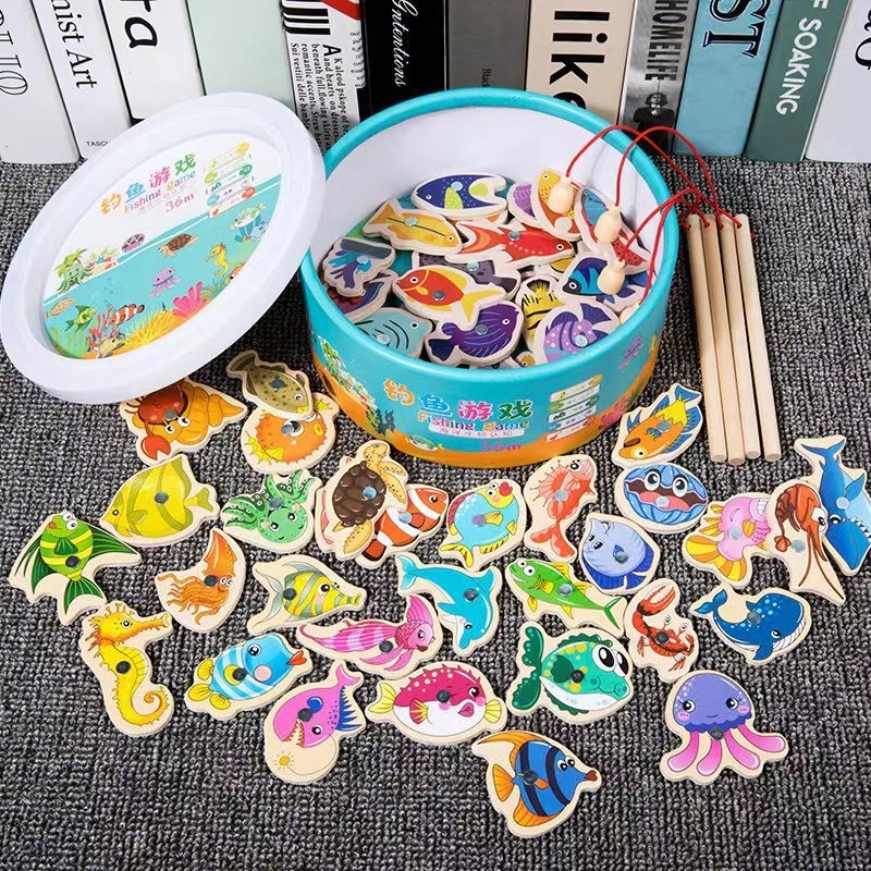 Pescaria Magnética de Madeira - Jogo Montessori Educativo Colorido - Seguro e Atóxico - Kit com 33 Peças