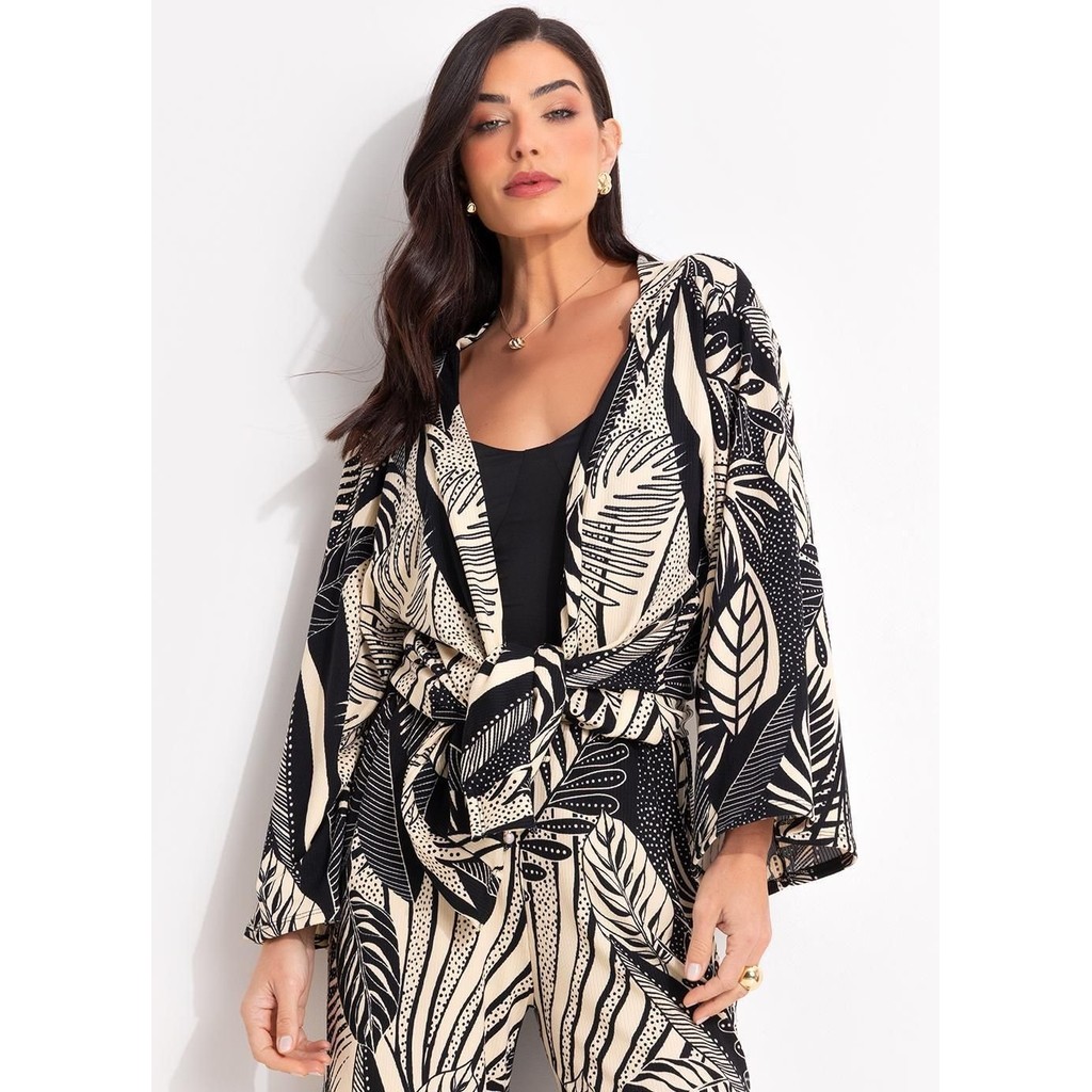 Kimono Em Canelado Folhagem Preto Quintess