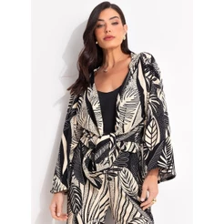Kimono Em Canelado Folhagem Preto Quintess