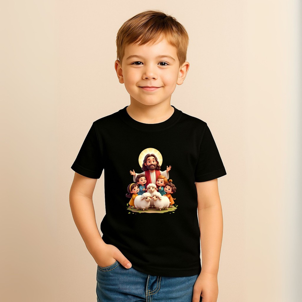 Camiseta Infantil Jesus Ovelha e Crianças Escola Biblica Estampada Algodão Cristã Evangélica Católica Religiosa Unissex