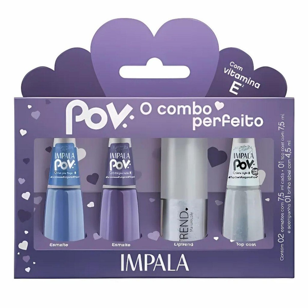 Kit Impala Pov 2.3 Maria Nicolly: 2 Esmaltes, 1 Top Coat e 1 Gloss Labial