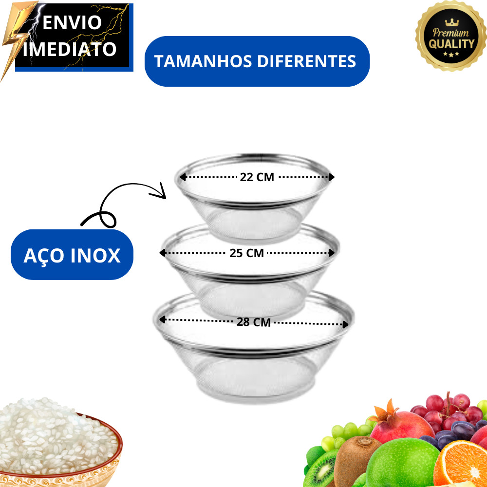 Kit 3 Cestas Escorredor Inox Multiuso – Frutas, Verduras, Arroz e Massas em Oferta na Shopee