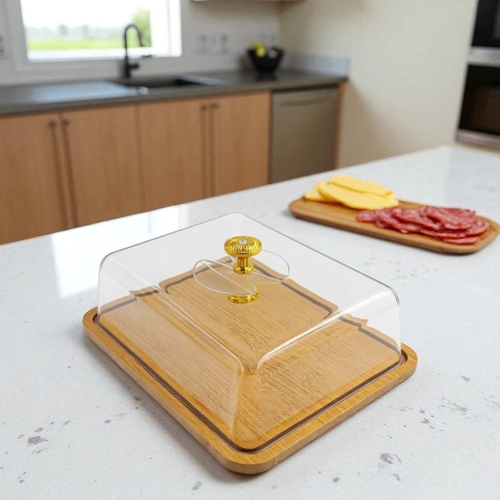 Porta Frios Bandeja Bambu Com Tampa Acrílico Pegador Servir