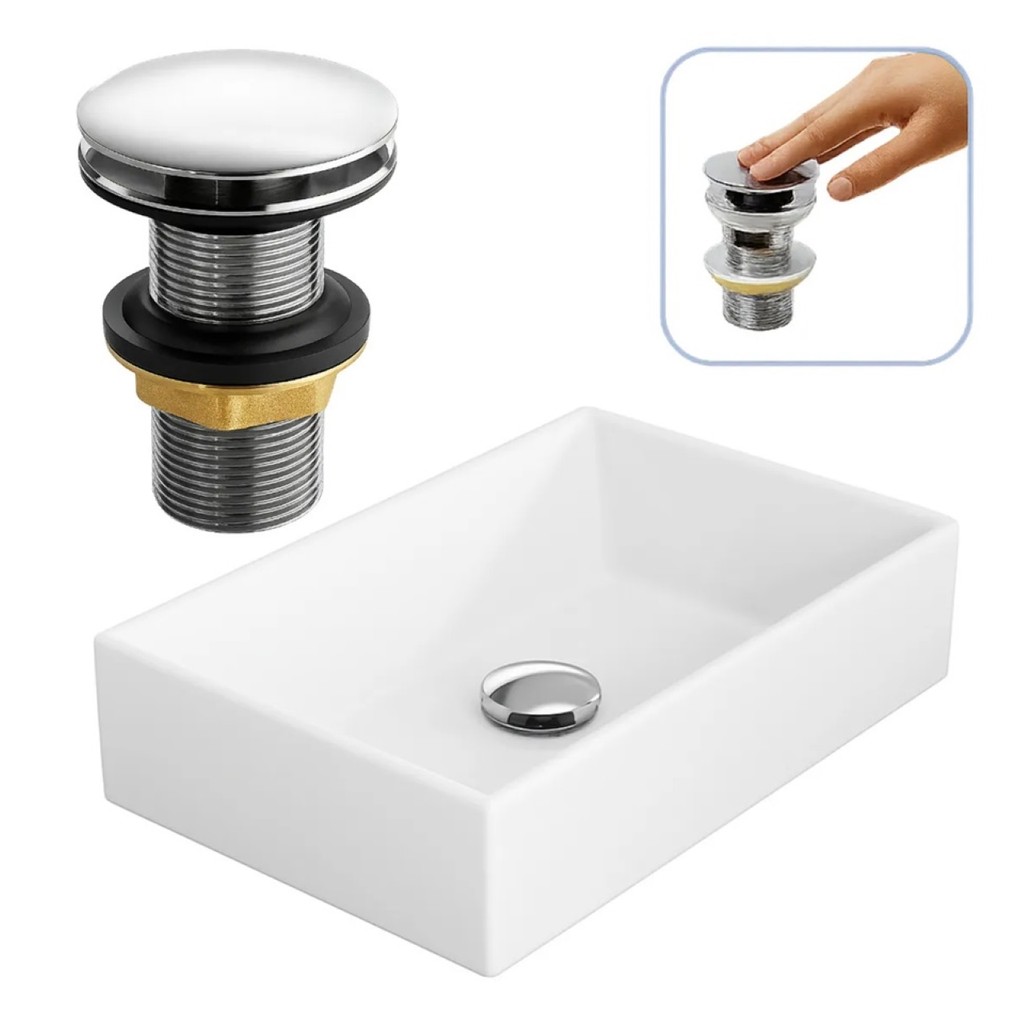 Kit Cuba Retangular Banheiro Sobrepor + Válvula Click Inteligente Inox 40x28 Decormobily