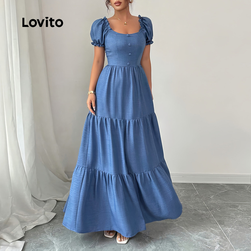 Detalhes do Lovito Vestido Elegante Camadas/Botões Frente Primavera/Verão Azul Vestido Evangélico Mulheres LBL29096