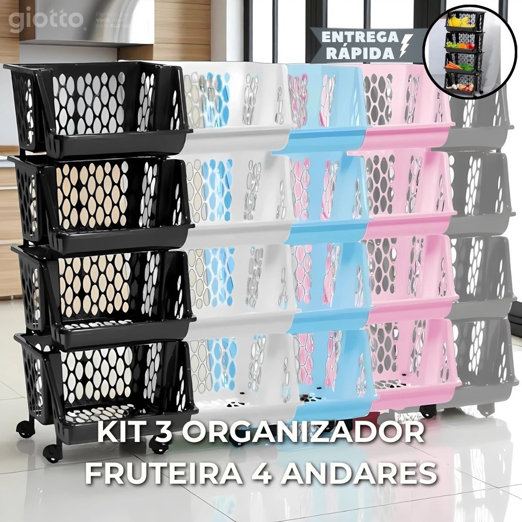 Kit 3 2 e 1 Cesto Organizador Fruteira Chão Modular 4 Andar Organizadora Brinquedo Giotto Rosa Preto