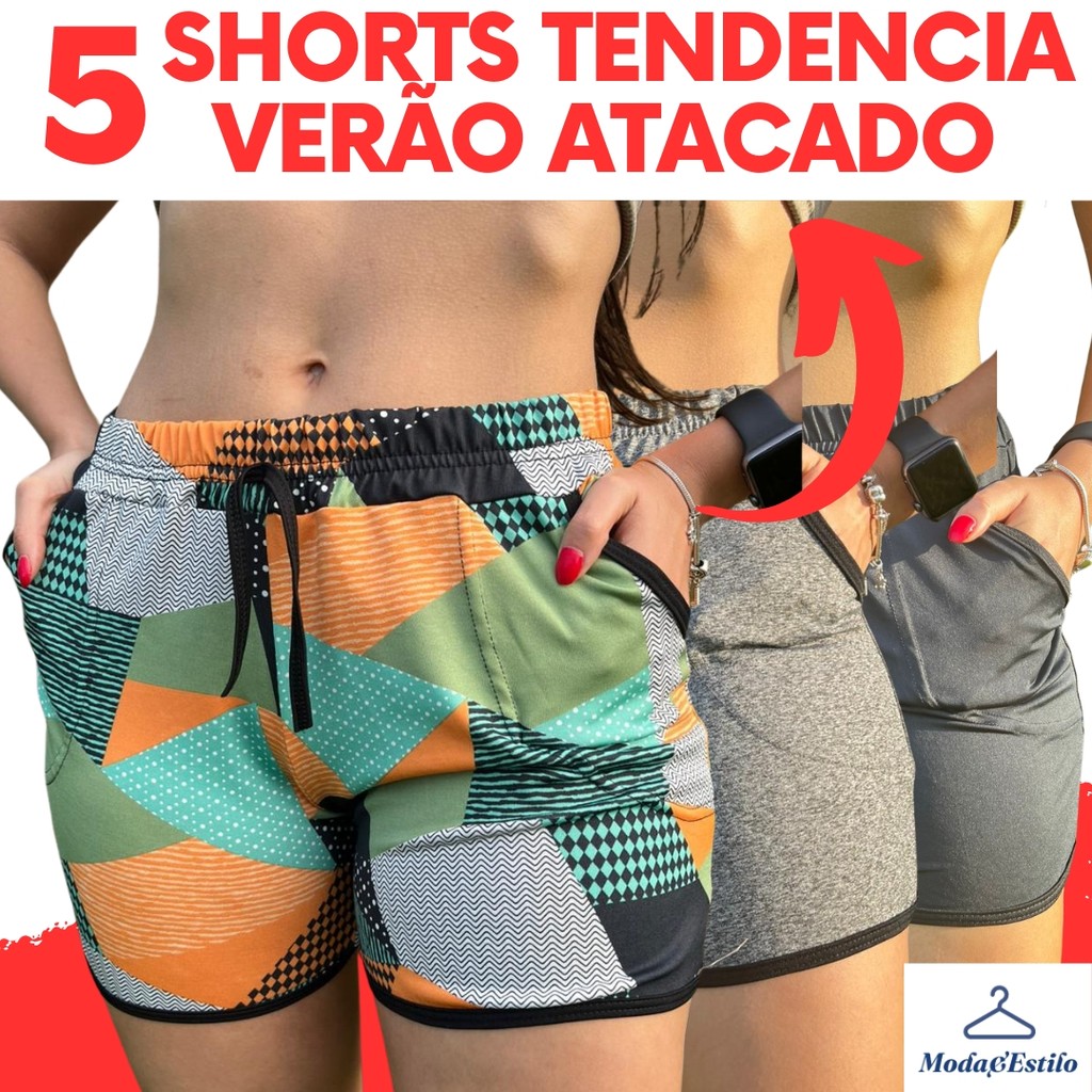 Kit 5 Shortinhos Femininos Moda Verão Soltos Confortáveis com Bolsos Laterais em Oferta na Shopee