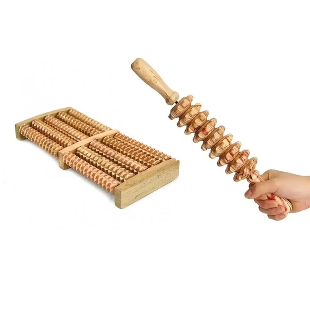 Kit 2 Peças Massagem Maderoterapia Rolo Bastão Espiga Corporal e Massageador de Pés de Madeira Natural
