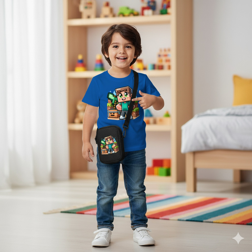 Kit Infantil Minecraft – Camiseta com Bolsa Tiracolo Estilo Gamer para Crianças