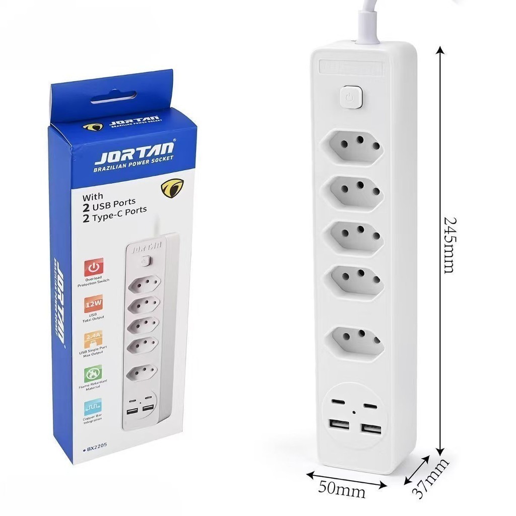 Filtro de linha Jortan de 2 m com 3/4/5 tomadas e proteção contra curto-circuito (DPS) 110/220 V anjgg