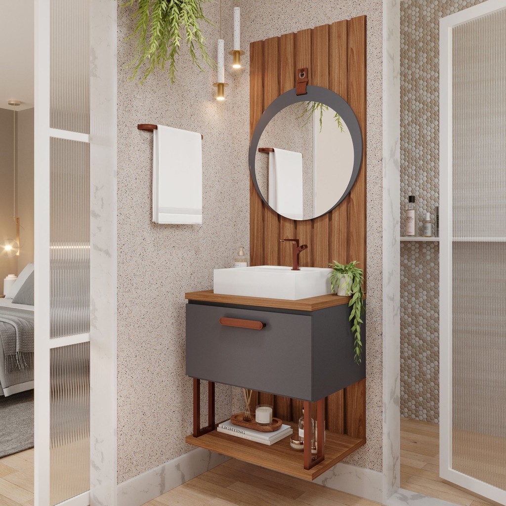 Gabinete Suspenso com Cuba, Painel Ripado e Espelheira 60cm Mari Espresso Móveis Titanium em Oferta na Shopee