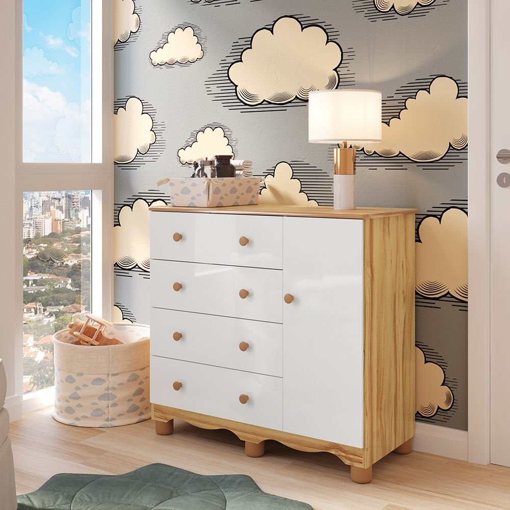 Cômoda Infantil 1 Porta 4 Gavetas 100% MDF Mimo Espresso Móveis Branco Brilho/Amêndoa em Oferta na Shopee