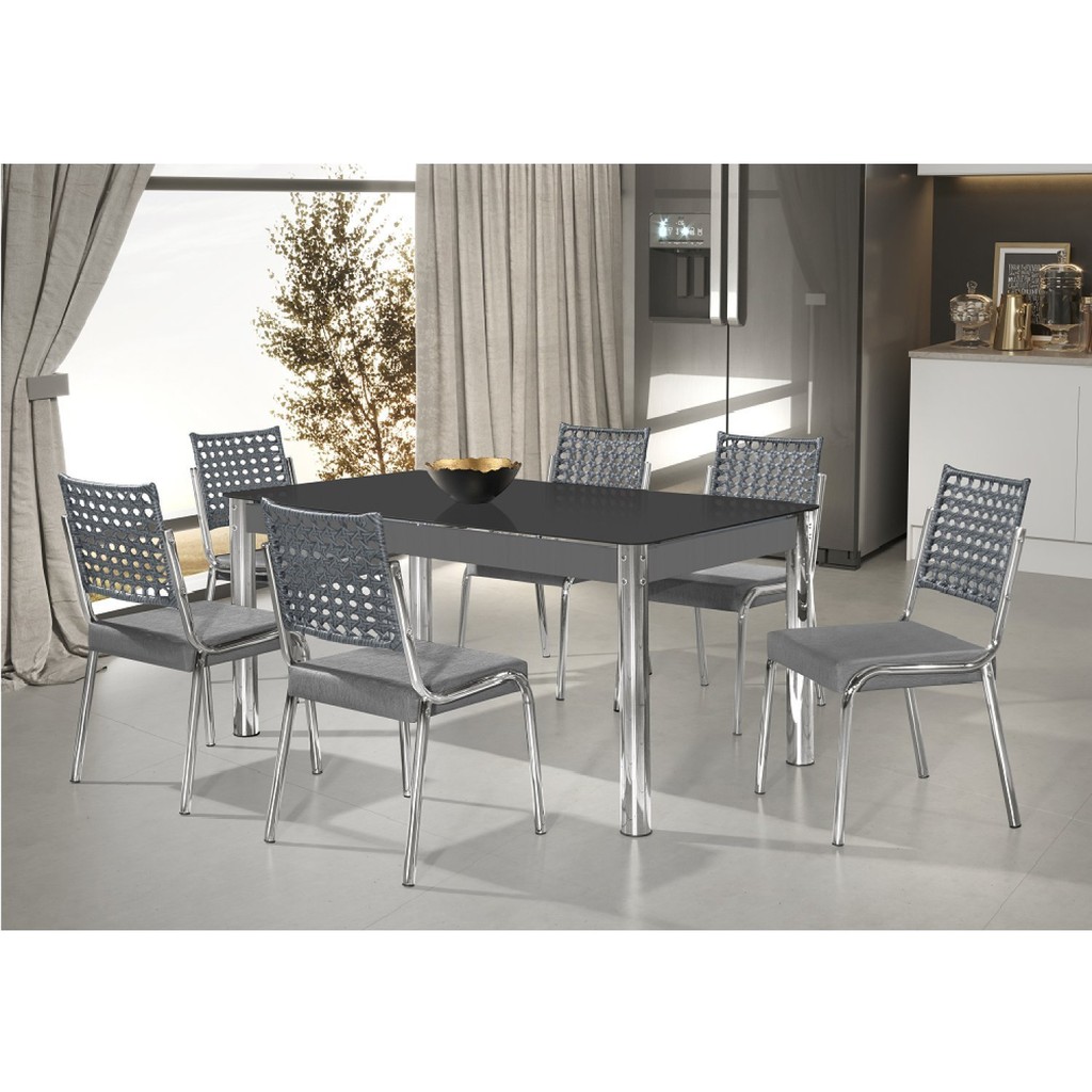 Conjunto Sala de Jantar Mesa Natani 160x90cm com 6 Cadeiras Natani Junco  Cinza/Preto/Cromado