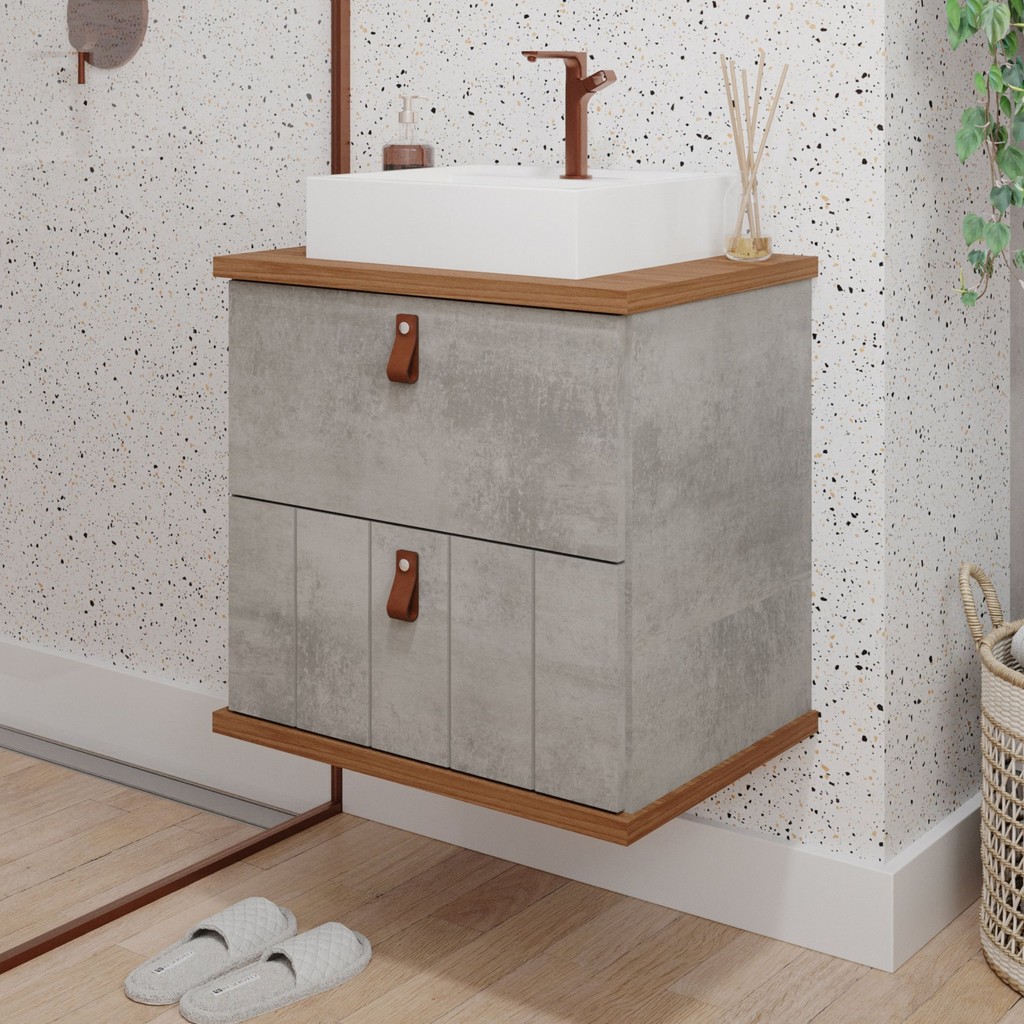 Gabinete Suspenso com Cuba 60cm Poli Espresso Móveis Cimento em Oferta na Shopee