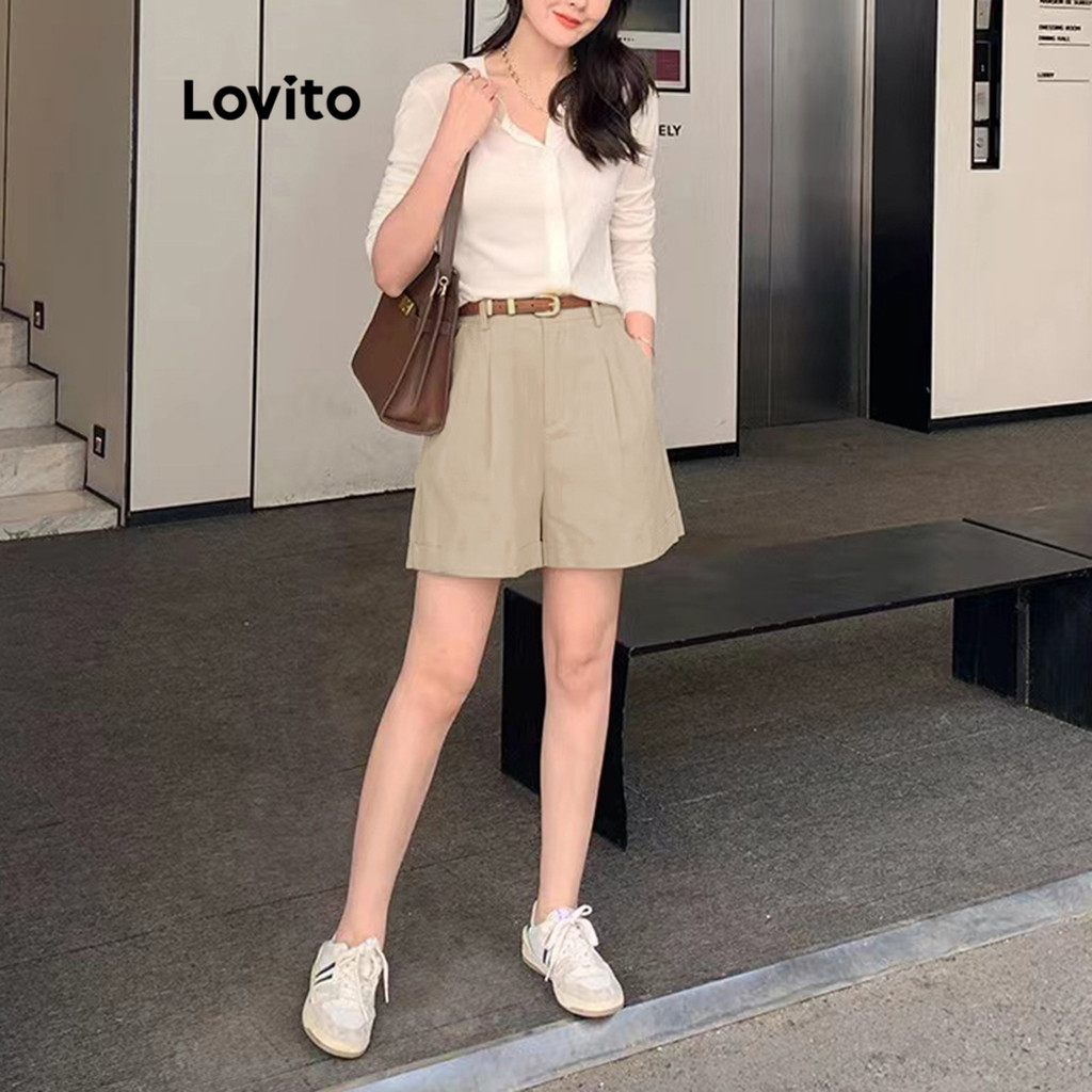 Detalhes do Lovito Shorts Casuais Com Zíper Liso Para Mulheres LNA27329 (Multicolorido)