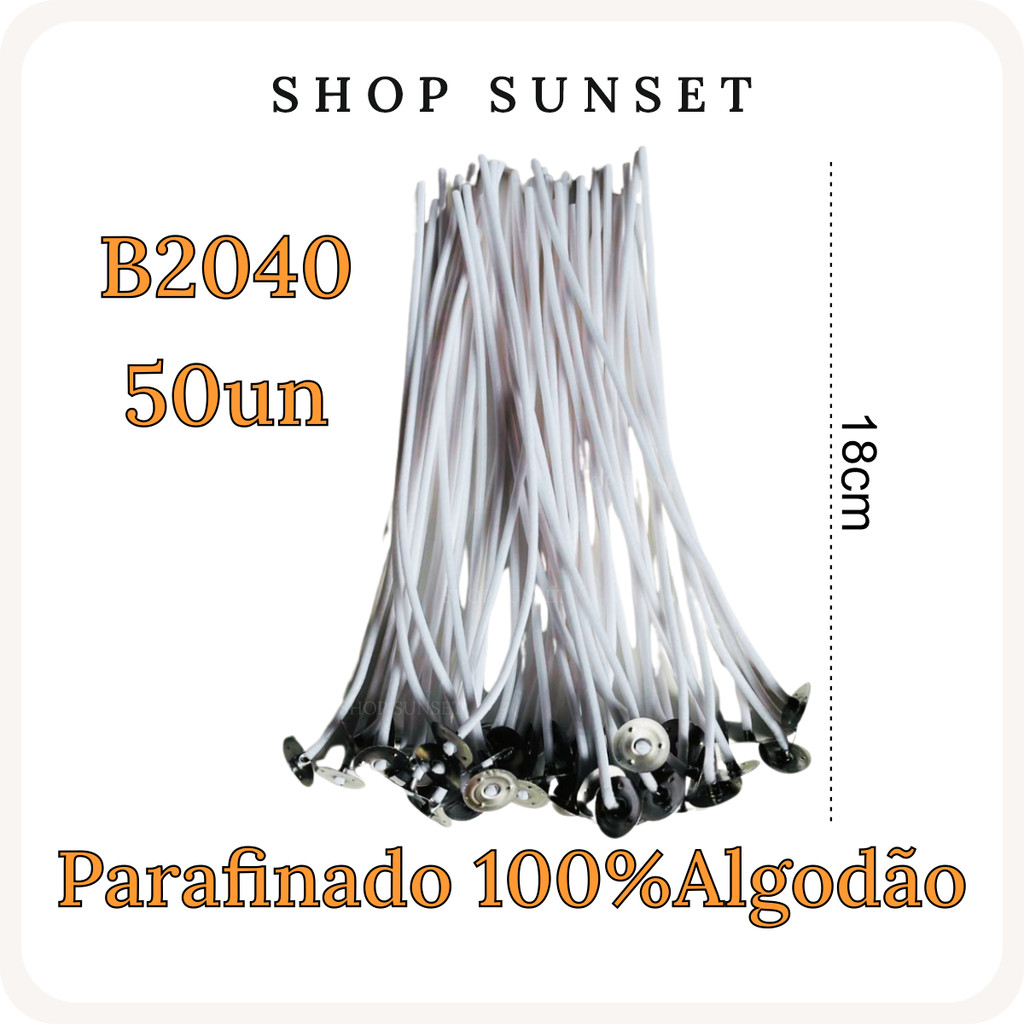 Kit 50 Pavios B2040 Montado 100% Algodão e Parafinado - 18cm