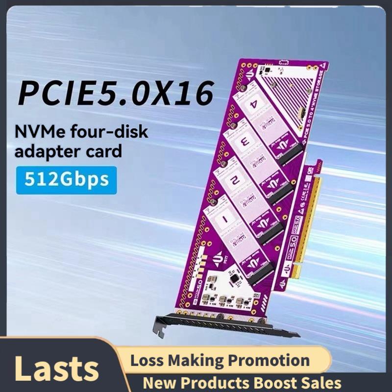 Placa De Expansão De Quatro Discos PCIE 5.0 Para M . 2 NVMe 512 Gbps X16 SSD Adaptadora Win/MacOS/Linux