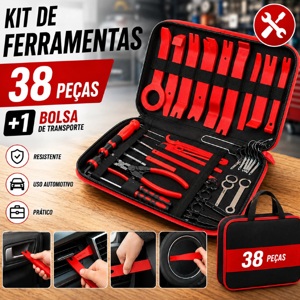 38 Peças Jogo Espátulas Nylon Alicates Saca Grampos Presilhas Automotivo + Maleta Organizador