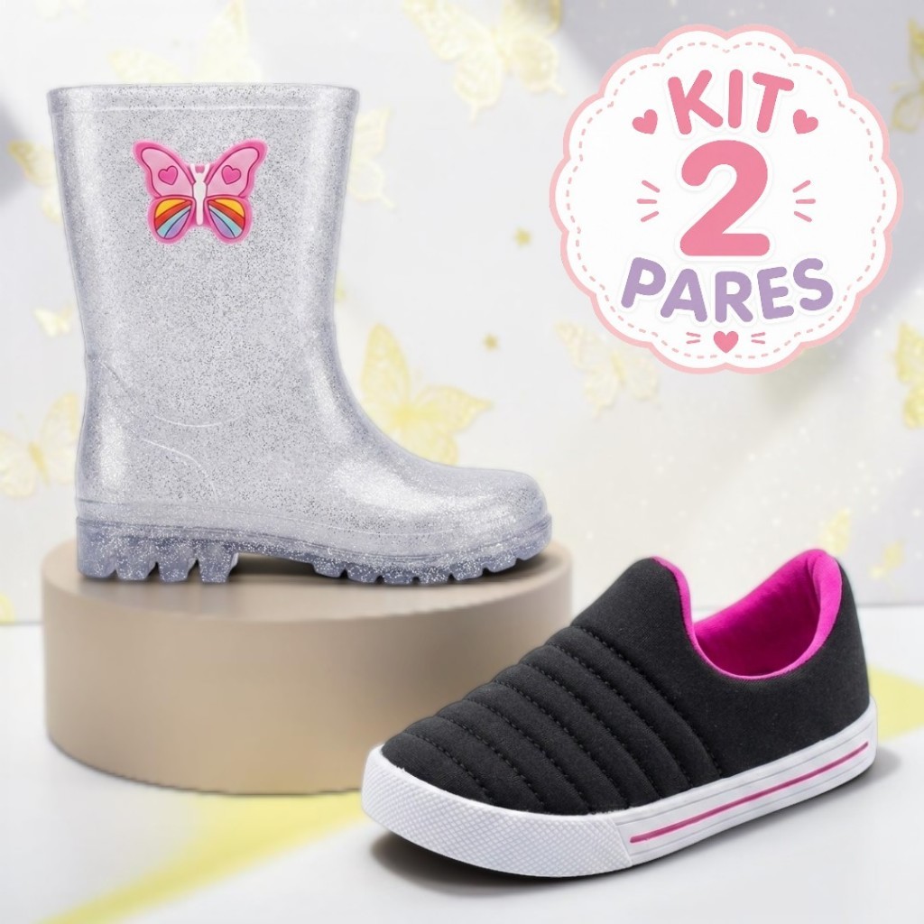 Kit 2 Pares Galocha Cano Alto e Calce Fácil Infantil Menina Confortavel e Delicado