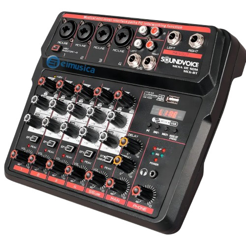 Mixer Mesa de Som 6 Canais com Bluetooth USB e Interface de Áudio soundvoice MC6BT