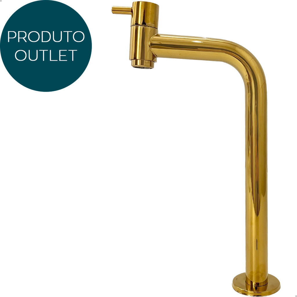 Torneira Fria Dourada Inox 304 Bica Alta 90 Graus 1/4 de Volta Outlet Banheiro Simples Cuba Sobrepor