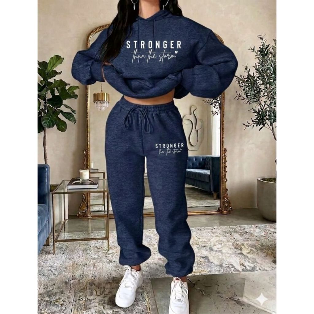 Conjunto Feminino Estampado Inverno Moletom Flanelado Quente Calça Jogger Com Capuz Premium Elegante Casual