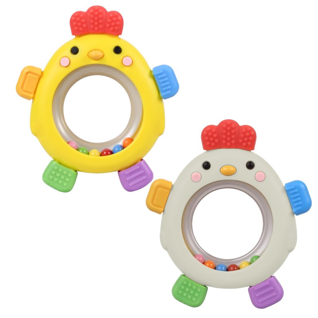 Brinquedos Sensoriais para Bebês, Conjunto de 2 Anéis de Mordida para Bebês de 0-3 e 3-6-12 Meses, Chocalho Mordedor par