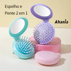 Ahania Kit de 2 Peças Mini Escova de Cabelo Dobrável Com Espelho 2 em 1 , Portátil e Perfeita Para Bolsa