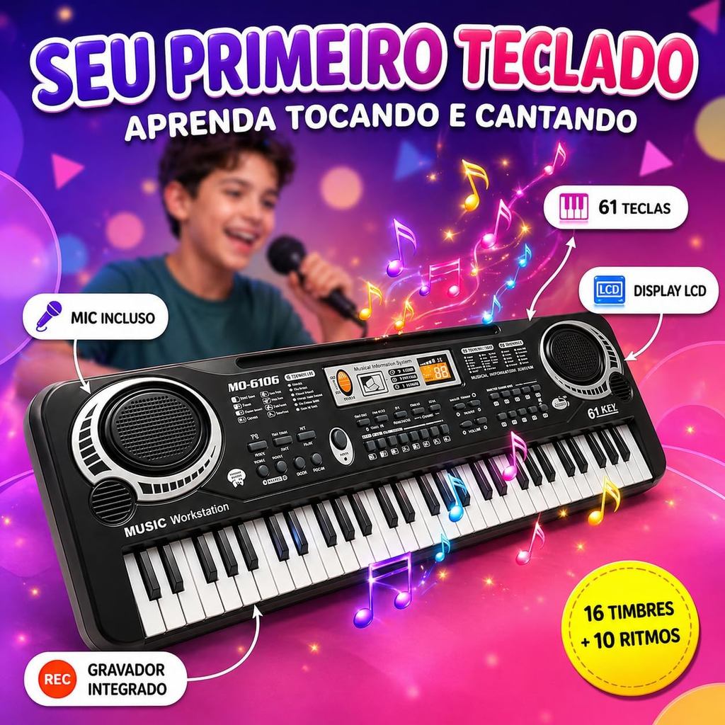 Teclado Piano Musical 61 Teclas Infantil C/ Microfone, Gravador, Educativo, Iniciante 1 Alto Falante