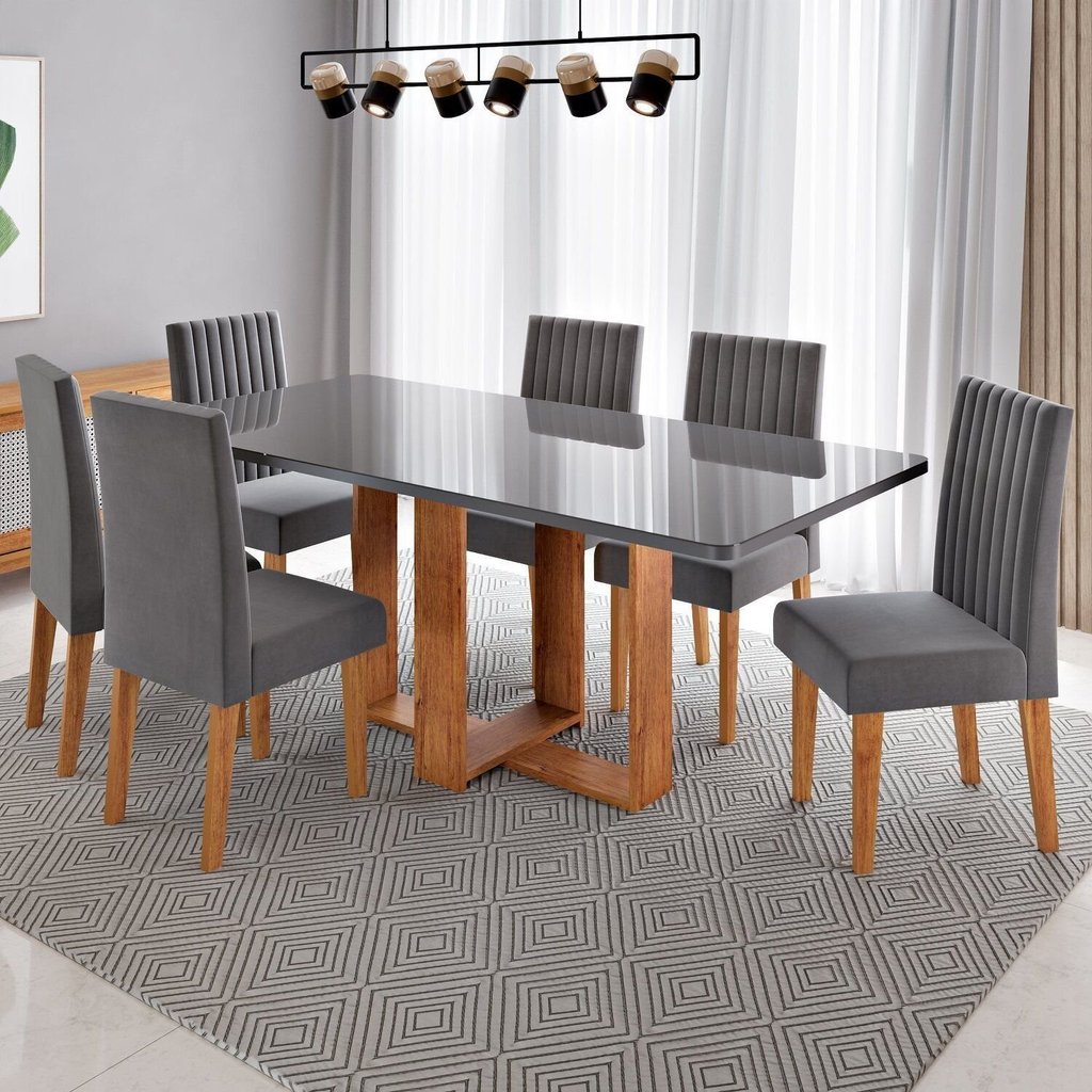 Conjunto Sala de Jantar 6 Lugares Retangular Tampo Vidro e MDF Victoria Cinza/Mel