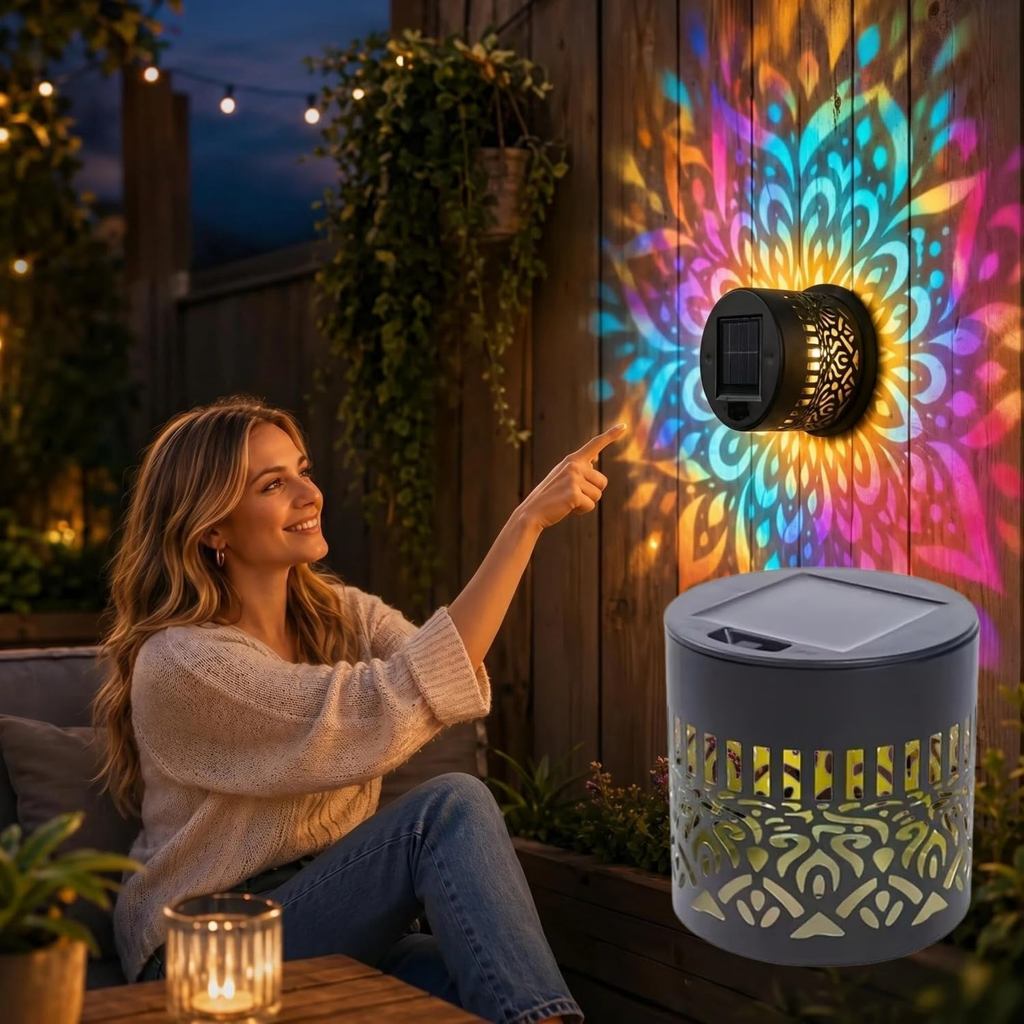 Luz de Parede Solar Mandala 2026 - Luz de Projeção para Cerca de Jardim Externo, Luz Decorativa Solar Mandala com Mudanç