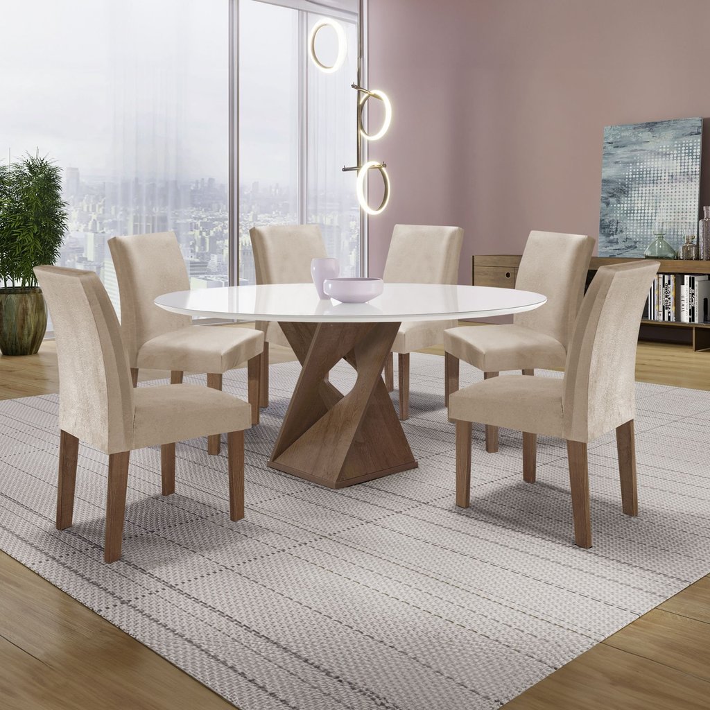 Conjunto Mesa Barcelona 120cm com 6 Cadeiras Espanha Tampo Plus Redondo Vidro Yescasa Bege/Chocolate/Off White/Veludo