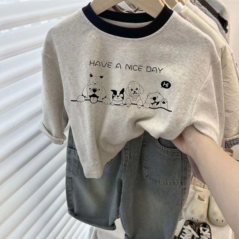 Crianças primavera outono estilo ocidental dos desenhos animados em torno do pescoço de manga comprida camiseta meninos 