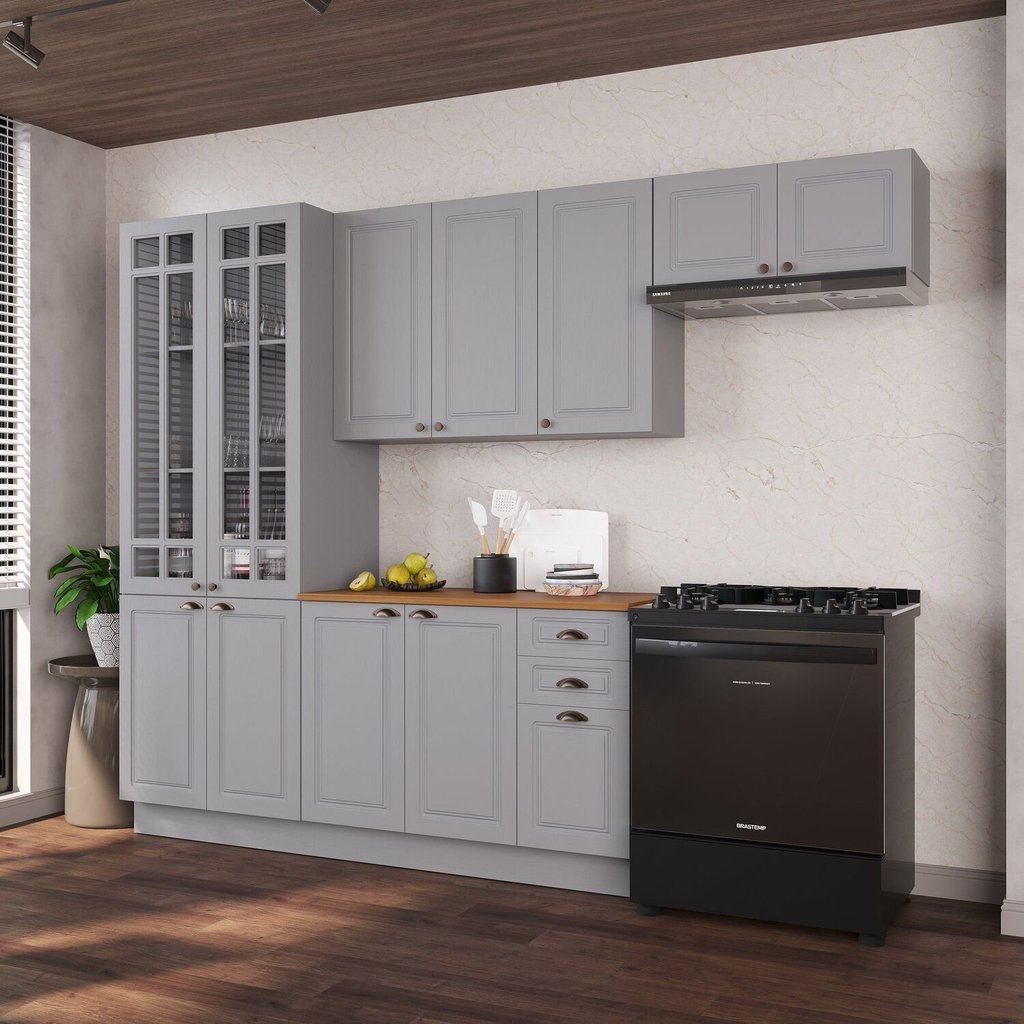 Cozinha Modulada 4 Peças Cristaleira Balcão com Tampo 2 Aéreos 100% MDF com Rodapé Bari Cinza/Titanio Fosco