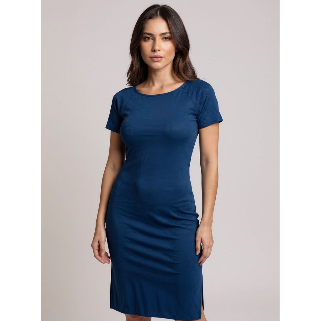 Vestido Midi Feminino Manga Fendas Laterais Festa Casual Azul Marinho — Achadinhos da Dani Leite