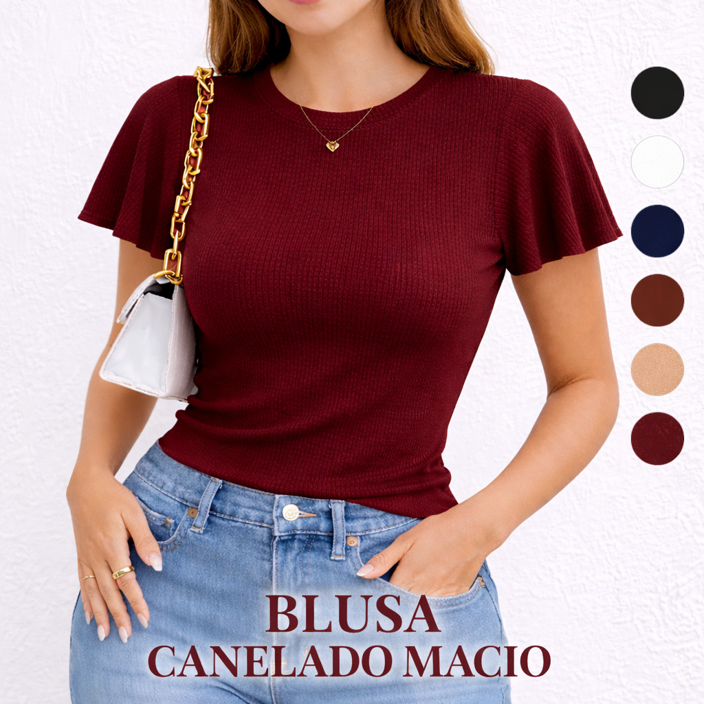 Blusa Feminina Básica Babado Gola Redonda Tecido Canelado Macio Elegante Casual Soltinha Manga Princesa