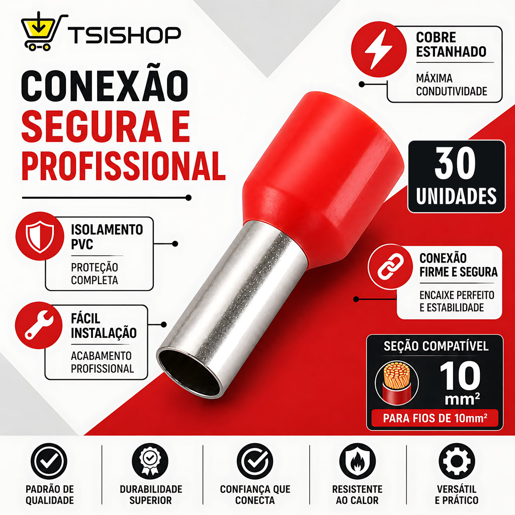 30 Peças Terminal Ilhós Tubular Profissional para Fios de 10mm² - Cobre Estanhado, Cabo Flexível, Conexão Profissional