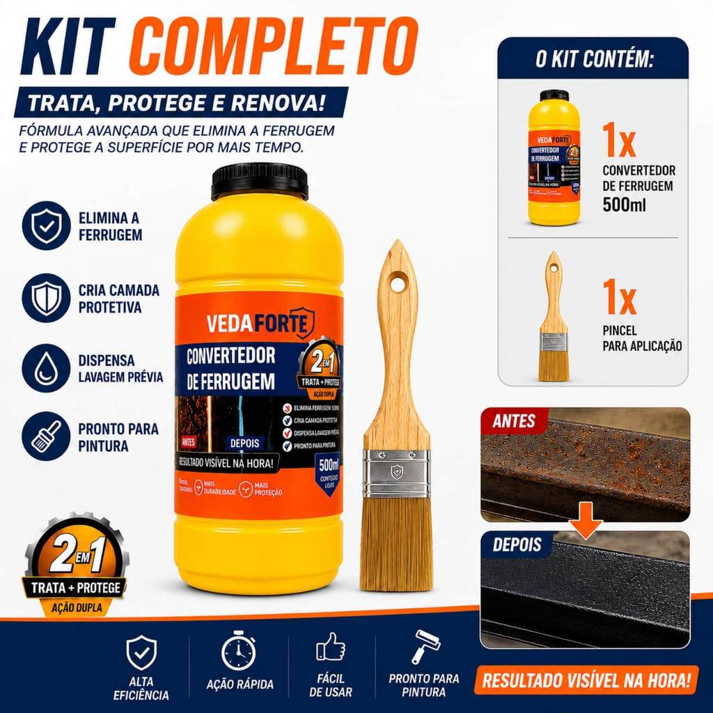 Produto Anticorrosivo Kit Convertedor de Ferrugem 500ml + Pincel 2 Polegadas Profissional Pincel Para Pintura
