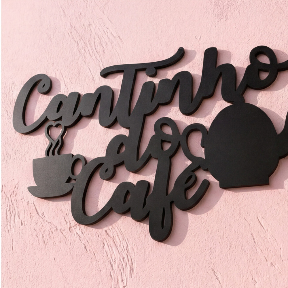 Cantinho do Café MDF Preto 25x15 Recorte Bule e Xícara Decoração Cozinha Cafeteria Padaria Parede